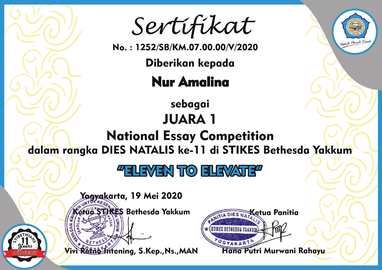 Sertifikat National Essay Competition 2020 Nur Amalia Mahasiswa STIKes Kepanjen